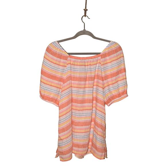 TALBOTS $99 Smocked Square Neck Linen Top Palm Stripe Large - Picture 2 of 4